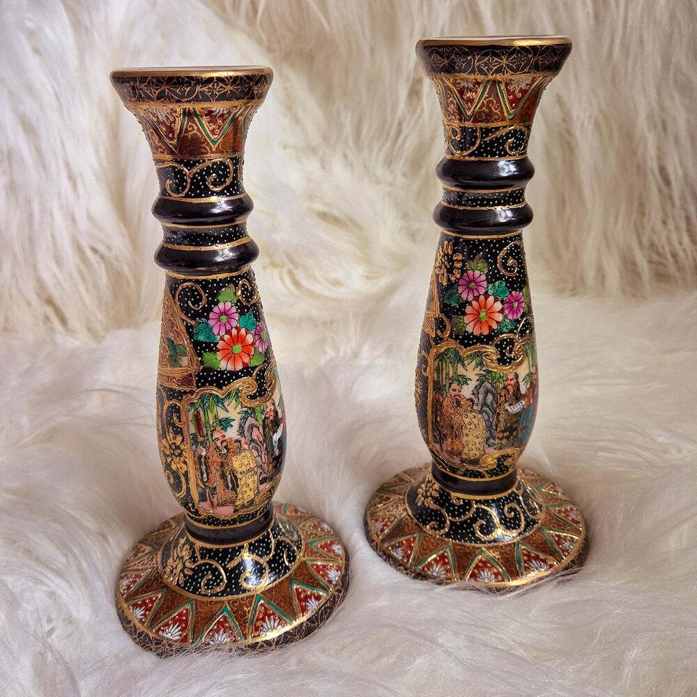 Vintage Handpainted Chinese Scholar Satsuma-style Porcelain Candlesticks
